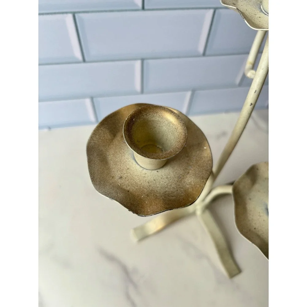 Vintage Metal 3‎ Arm Candelabra Distressed Cream Gold Scalloped Centerpiece